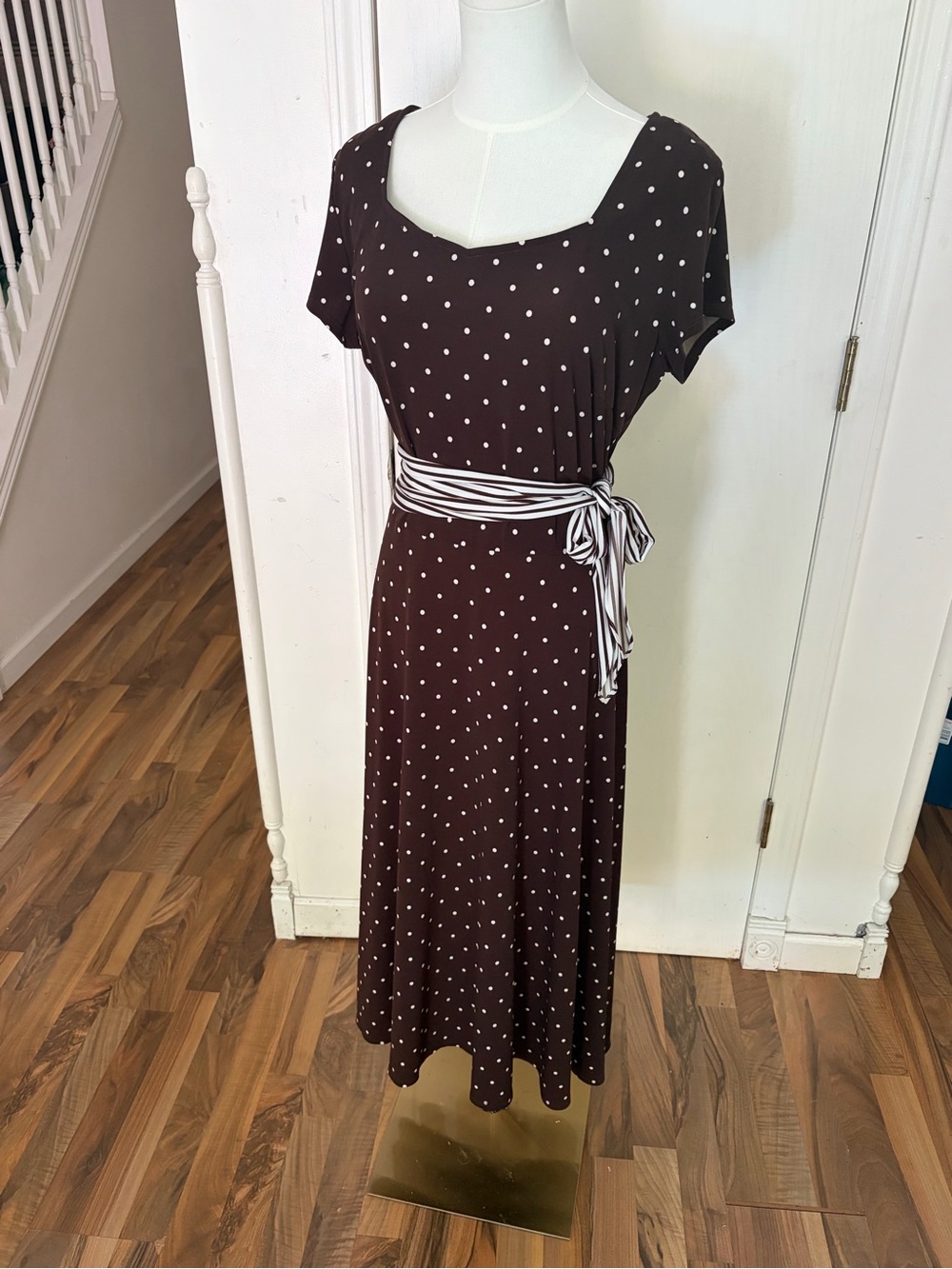 Chocolate Brown Polka Dot Midi Dress with Striped Tie Belt, L/XL